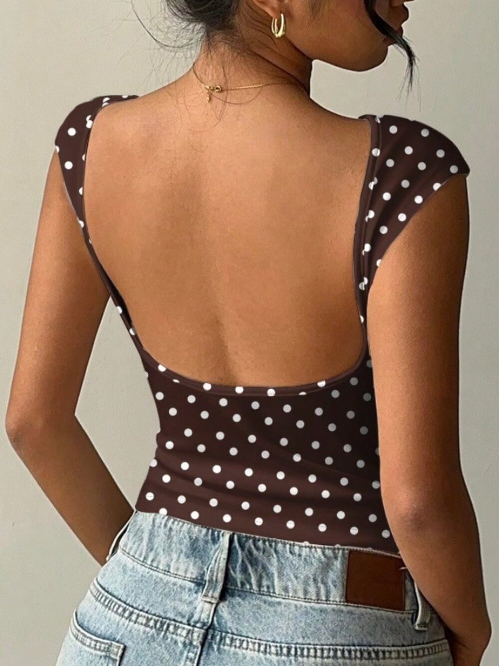 Brown Casual Women's Sexy polka Dot Backless Short Sleeve T-Shirt